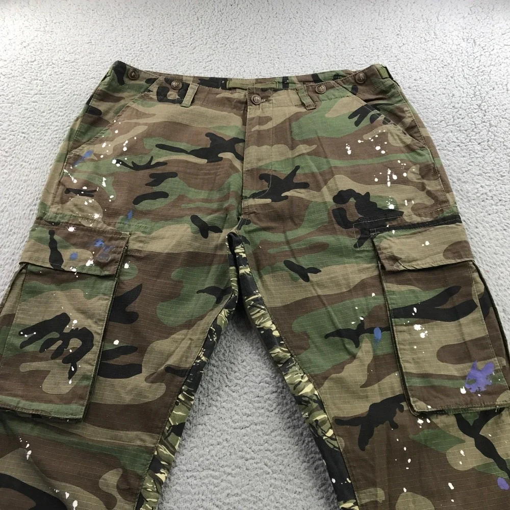 Mnml Pant Men 38x36 Green Cargo Bootcut Flare Paint Splatter Military Stacked